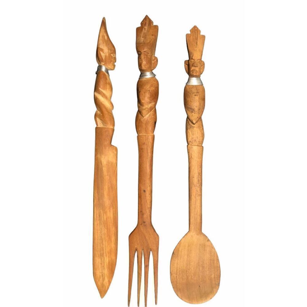 Vintage Wooden Afro-centric hand carved serving utensils lot of 3